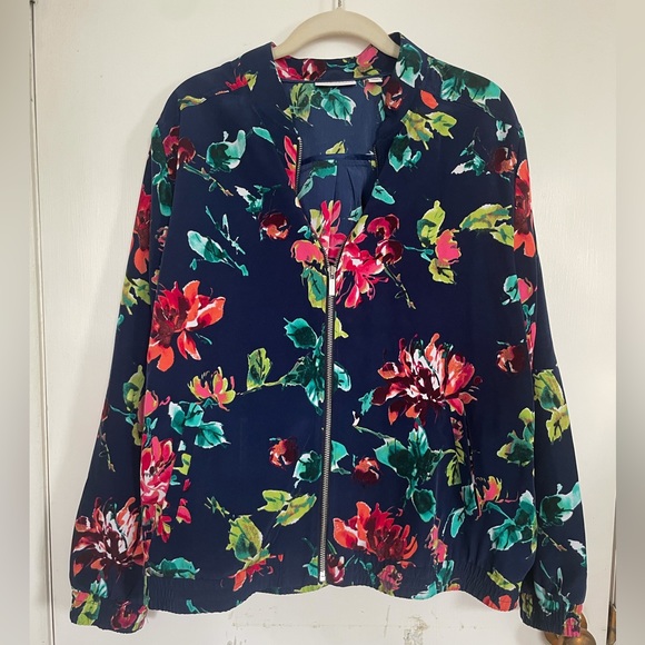 Susan Graver Blue Floral Bomber Jacket XL - Picture 1 of 7